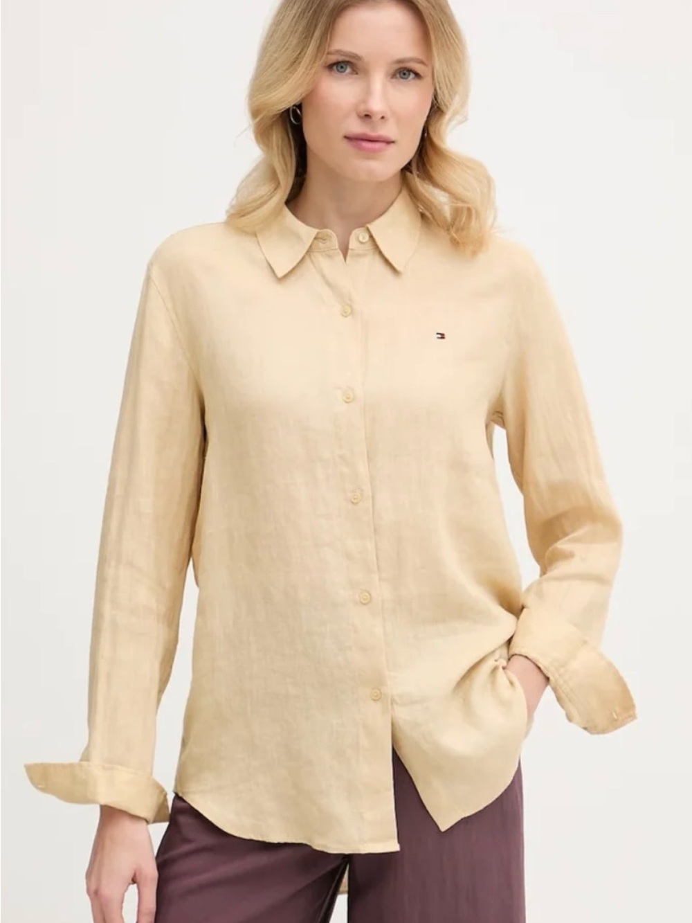Tommy Hilfiger Pale Yellow Cream Coastal Beachy Casual Linen Button-Down Shirt M